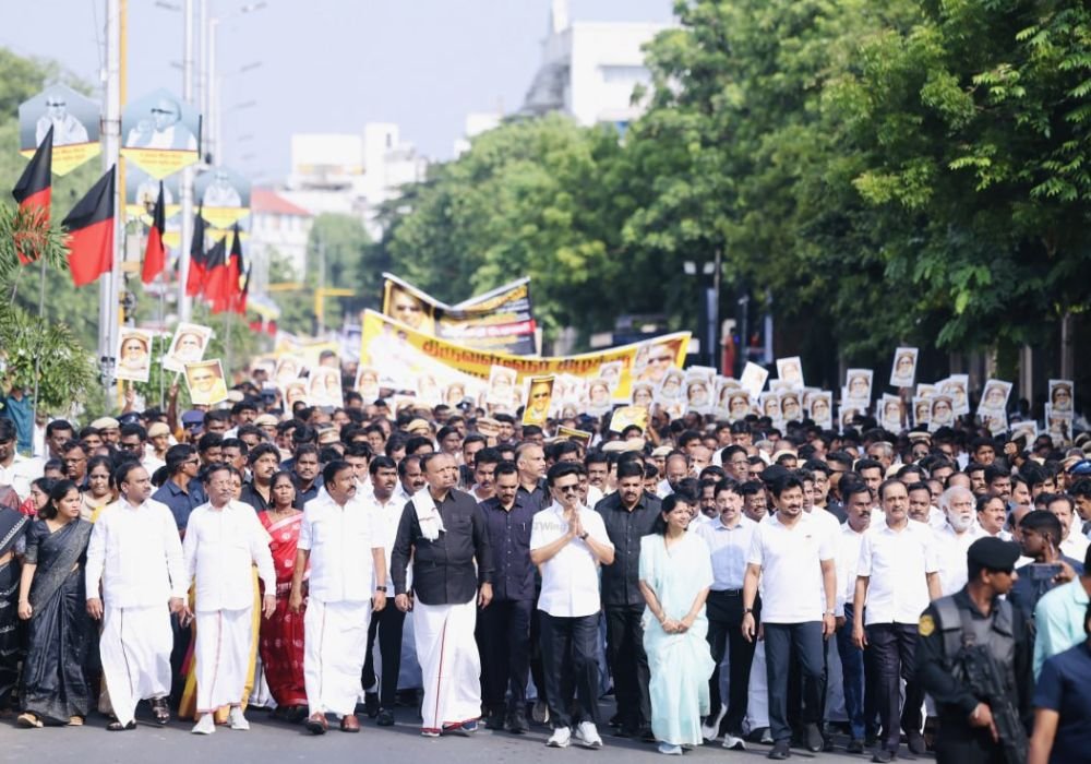 Karunanidhi's Memorial Day: Chief Minister M.K. Stalin leads a peaceful rally